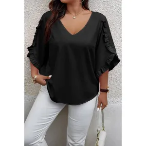 Black Solid Plus V Neck Ruffle Trim Petal Sleeve Blouse