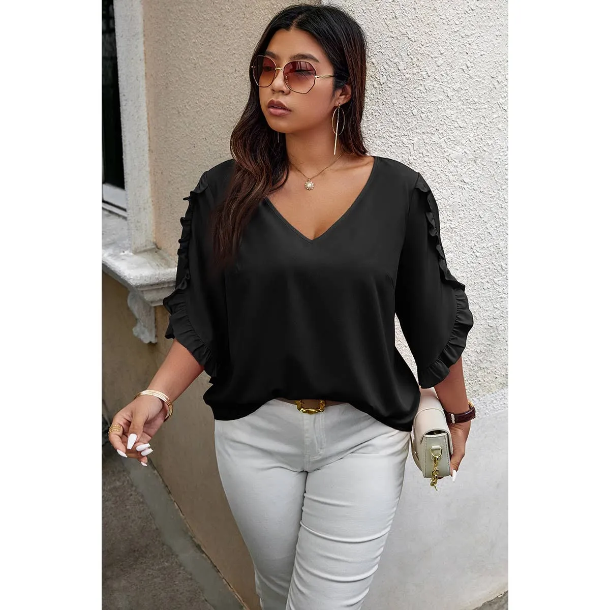 Black Solid Plus V Neck Ruffle Trim Petal Sleeve Blouse