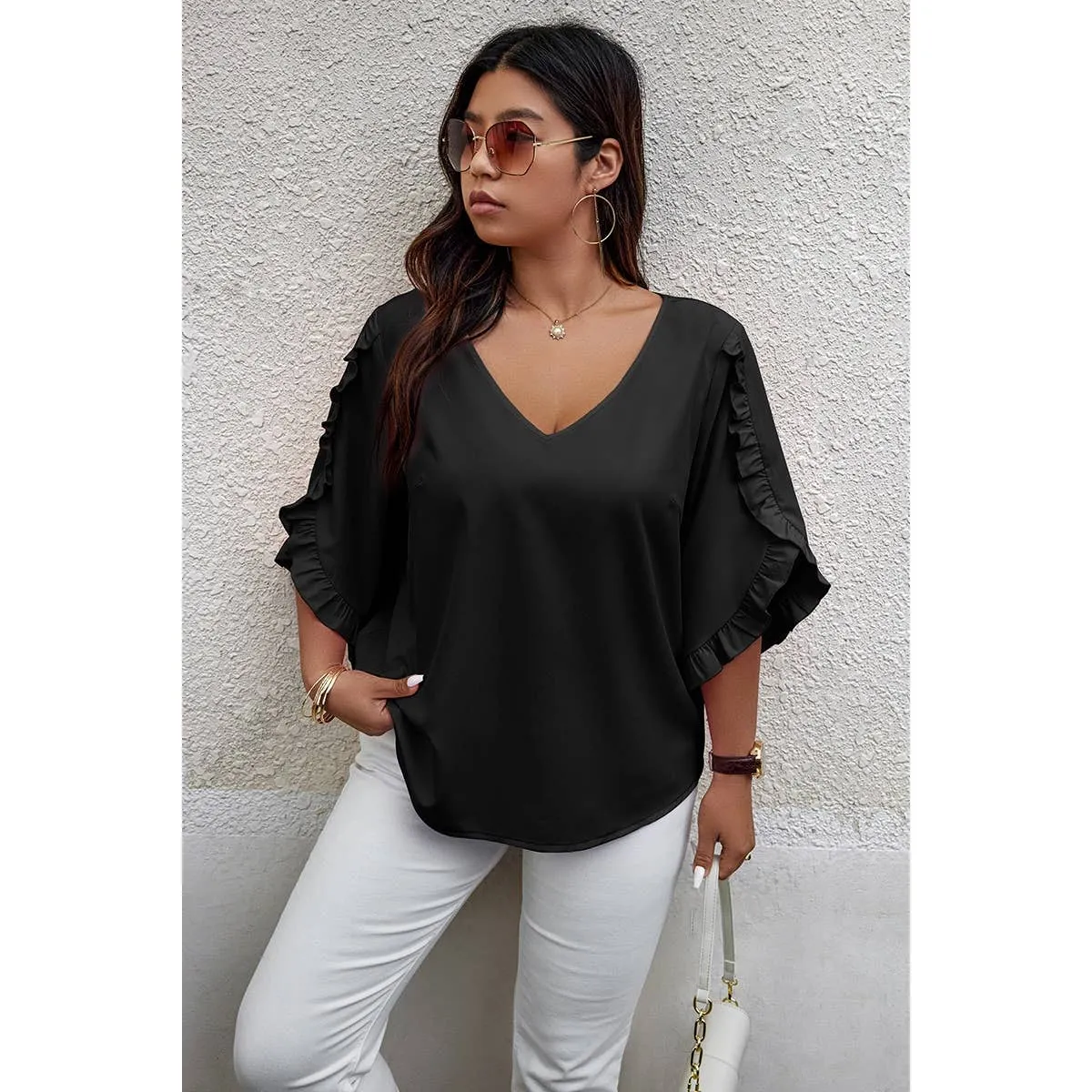 Black Solid Plus V Neck Ruffle Trim Petal Sleeve Blouse