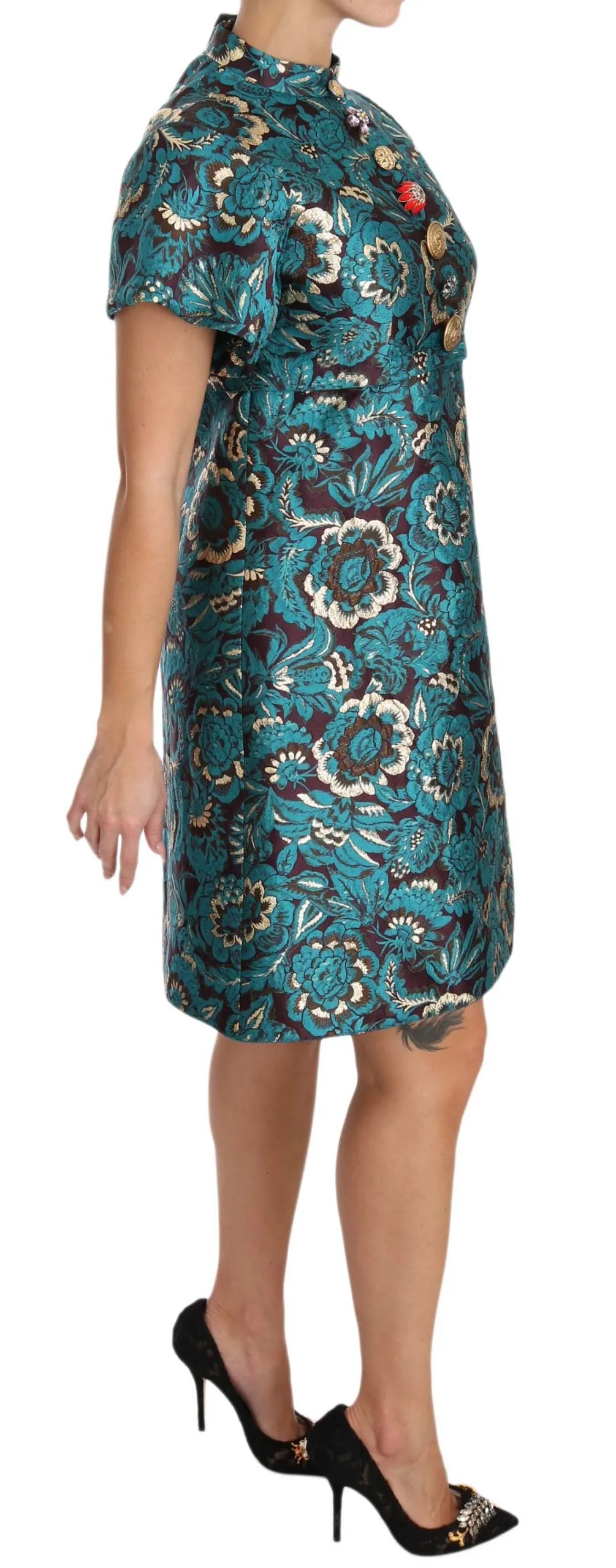 Blue Floral Jacquard Crystal A-Line Dress