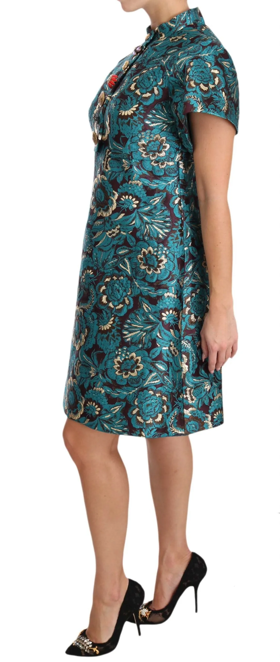 Blue Floral Jacquard Crystal A-Line Dress