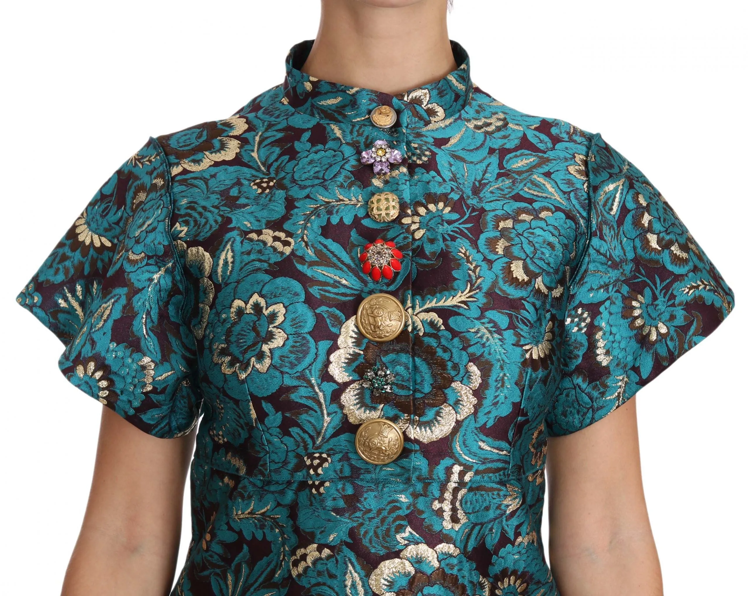 Blue Floral Jacquard Crystal A-Line Dress