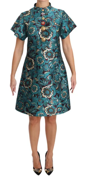 Blue Floral Jacquard Crystal A-Line Dress