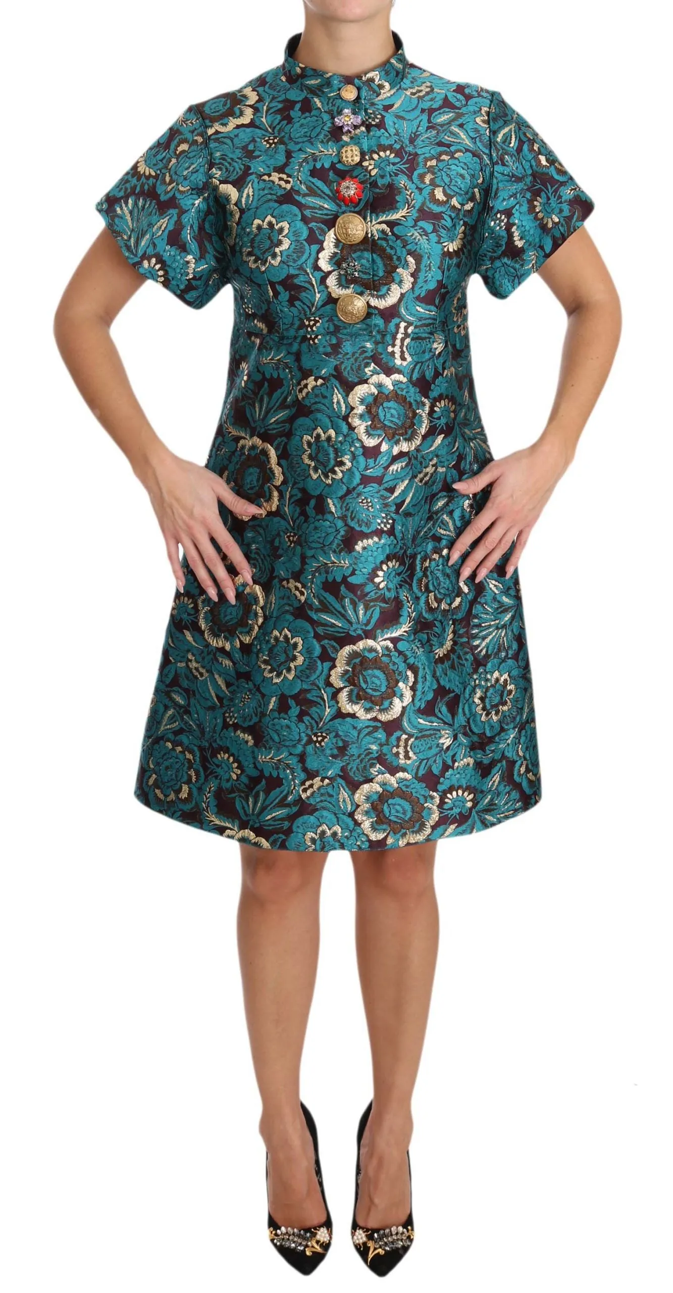 Blue Floral Jacquard Crystal A-Line Dress