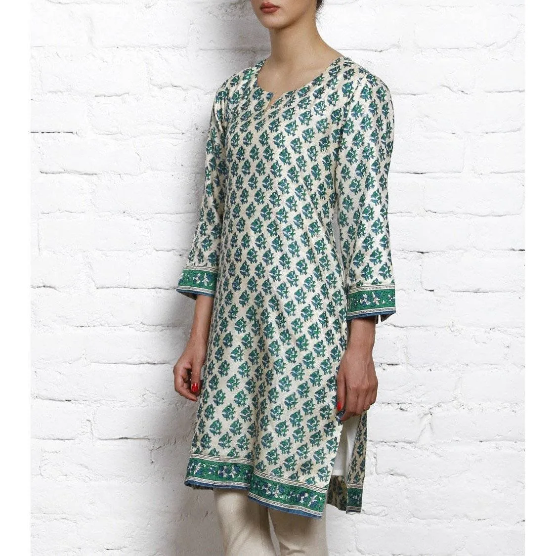 Blue Printed Tussar Silk Kurta