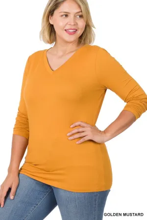 BUTTERY SOFT LONG SLEEVE TOP V-NECK TOP | CURVY | mustard| burgundy| olive|