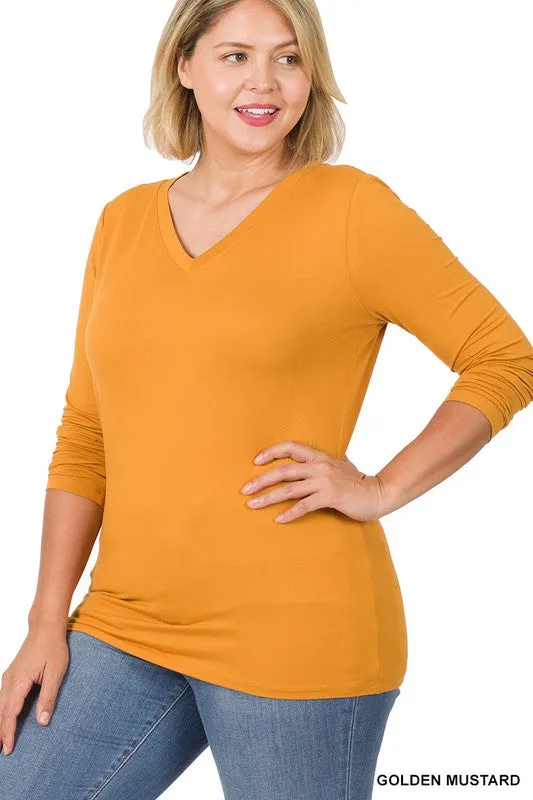 BUTTERY SOFT LONG SLEEVE TOP V-NECK TOP | CURVY | mustard| burgundy| olive|