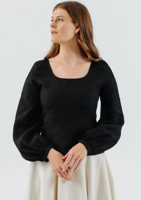 Carmen Top, Long Sleeve, Black Pansy
