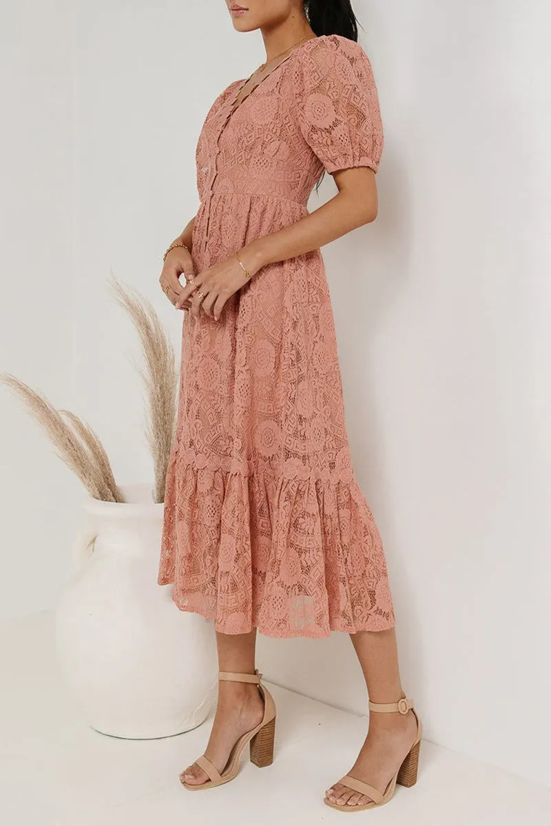 Casual Daily Solid Color Lace Buttons V Neck A Line Dresses(4 Colors)