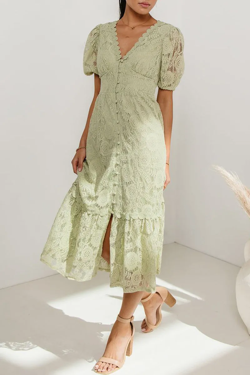 Casual Daily Solid Color Lace Buttons V Neck A Line Dresses(4 Colors)