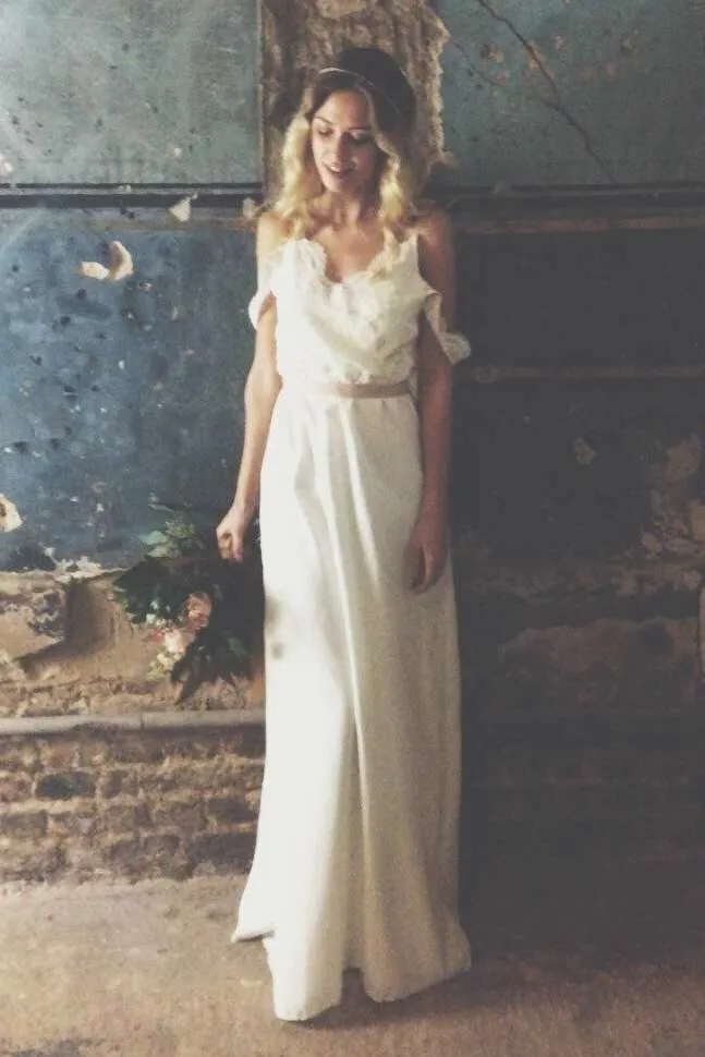 Casual Sheath Chiffon Spaghetti Wedding Dress With Lace Top-715259
