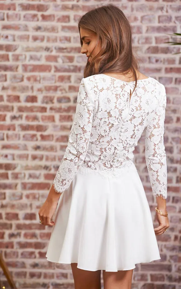 Chic Satin Lace Jewel Neck Long Sleeve Two Piece Short Wedding Dress with Button Back-715919