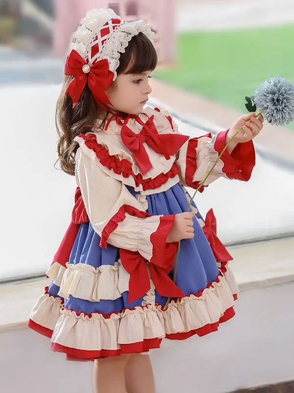 Children's Sweet Lolita Dress Headwear White Ruffles Polyester Long Sleeve Red Bow Kids One Piece Dress