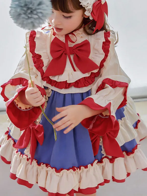 Children's Sweet Lolita Dress Headwear White Ruffles Polyester Long Sleeve Red Bow Kids One Piece Dress