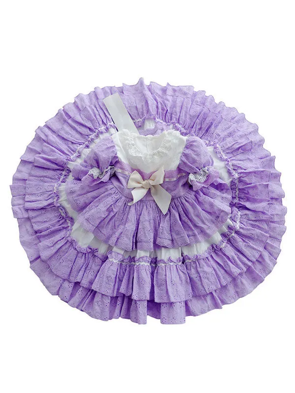 Children's Sweet Lolita Dress Violet Blue Bows Polyester Short Sleeve Kids Princess One Piece Dress