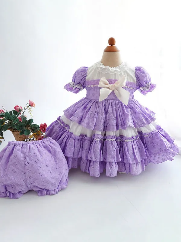 Children's Sweet Lolita Dress Violet Blue Bows Polyester Short Sleeve Kids Princess One Piece Dress