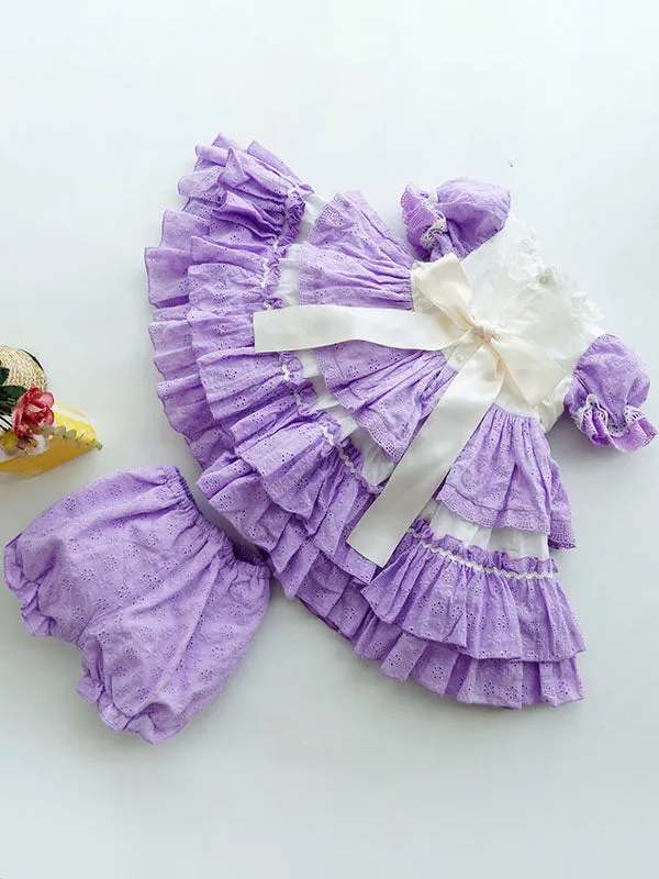 Children's Sweet Lolita Dress Violet Blue Bows Polyester Short Sleeve Kids Princess One Piece Dress