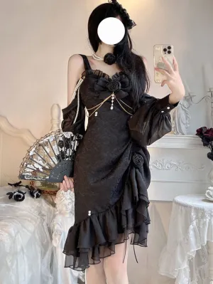 Chinese Style Lolita Dress Bows Long Sleeves Polyester Chinese Style Jacquard Black Chinese Style Lolita