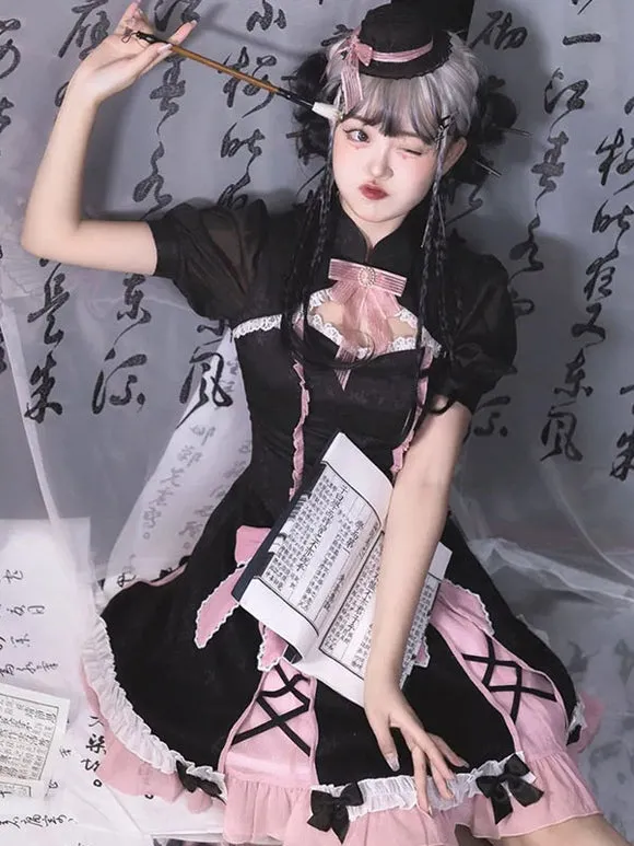 Chinese Style Lolita Dress Bows Short Sleeves Polyester Chinese Style Black Chinese Style Lolita