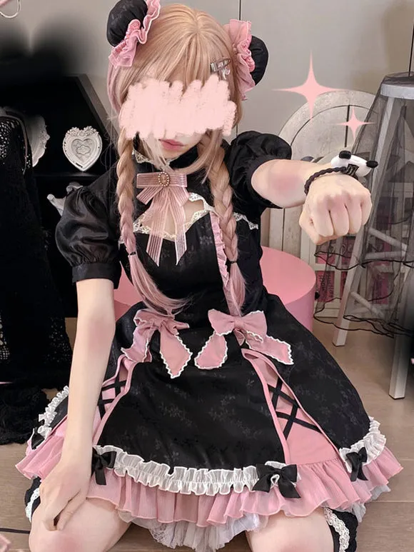 Chinese Style Lolita Dress Bows Short Sleeves Polyester Chinese Style Black Chinese Style Lolita