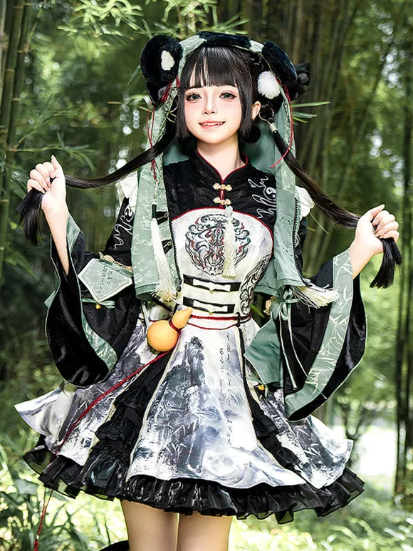 Chinese Style Lolita Dress Grommets Long Sleeves Satin Fabric Chinese Style Panda Black Chinese Style Lolita