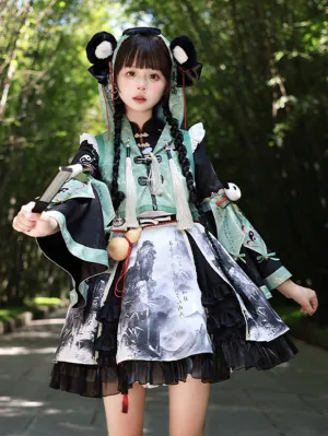 Chinese Style Lolita Dress Grommets Long Sleeves Satin Fabric Chinese Style Panda Black Chinese Style Lolita