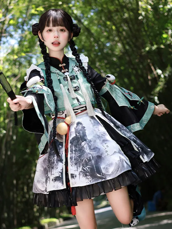 Chinese Style Lolita Dress Grommets Long Sleeves Satin Fabric Chinese Style Panda Black Chinese Style Lolita