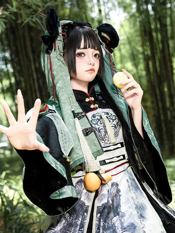 Chinese Style Lolita Dress Grommets Long Sleeves Satin Fabric Chinese Style Panda Black Chinese Style Lolita