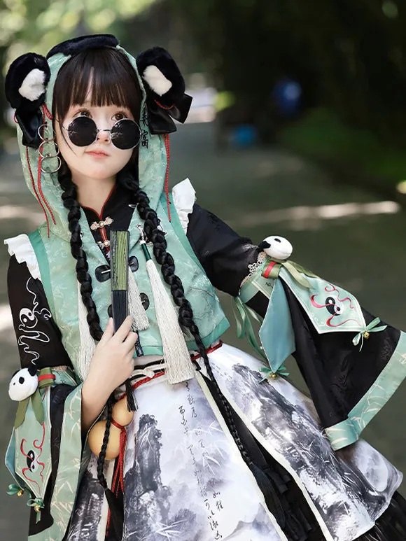 Chinese Style Lolita Dress Grommets Long Sleeves Satin Fabric Chinese Style Panda Black Chinese Style Lolita