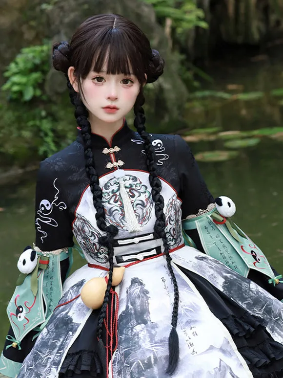 Chinese Style Lolita Dress Grommets Long Sleeves Satin Fabric Chinese Style Panda Black Chinese Style Lolita