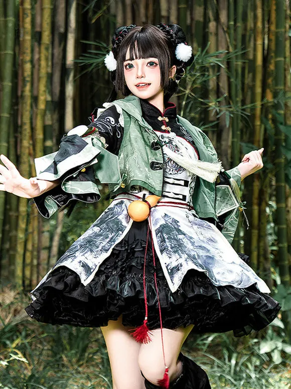 Chinese Style Lolita Dress Grommets Long Sleeves Satin Fabric Chinese Style Panda Black Chinese Style Lolita