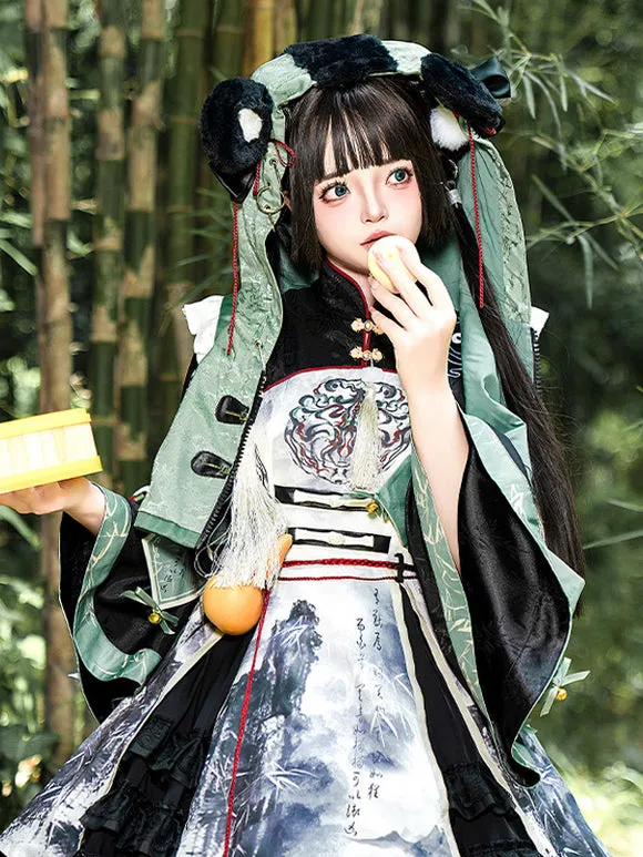 Chinese Style Lolita Dress Grommets Long Sleeves Satin Fabric Chinese Style Panda Black Chinese Style Lolita