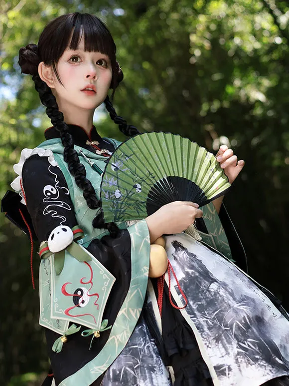 Chinese Style Lolita Dress Grommets Long Sleeves Satin Fabric Chinese Style Panda Black Chinese Style Lolita