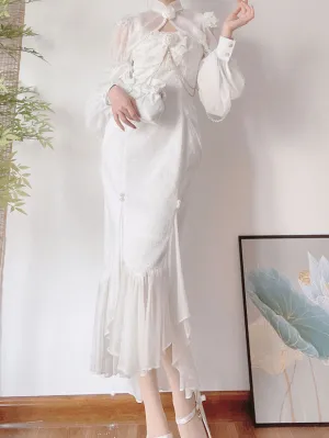 Chinese Style Lolita Dress Side Draping Sleeveless Polyester Chinese Style Jacquard White Chinese Style Lolita