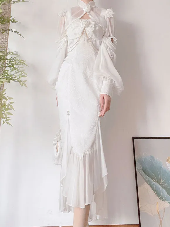 Chinese Style Lolita Dress Side Draping Sleeveless Polyester Chinese Style Jacquard White Chinese Style Lolita