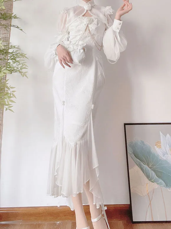 Chinese Style Lolita Dress Side Draping Sleeveless Polyester Chinese Style Jacquard White Chinese Style Lolita