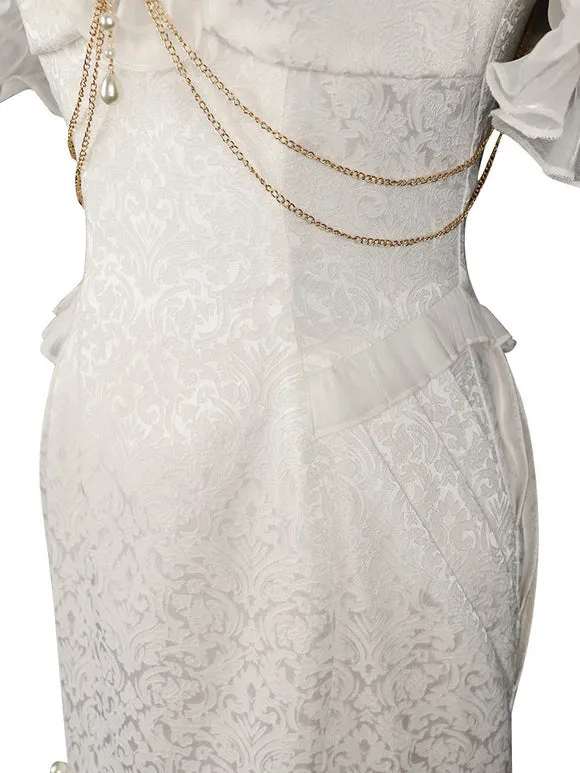 Chinese Style Lolita Dress Side Draping Sleeveless Polyester Chinese Style Jacquard White Chinese Style Lolita