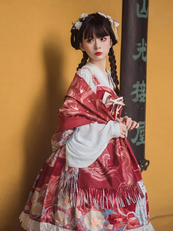 Chinese Style Lolita JSK Dress Blue Ruffles Floral Print Pattern Polyester Lace Lolita Outfit