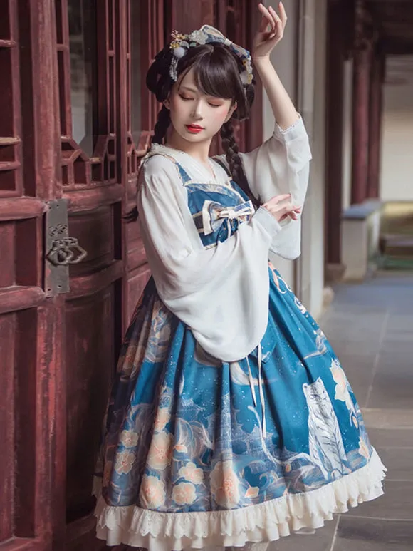 Chinese Style Lolita JSK Dress Blue Ruffles Floral Print Pattern Polyester Lace Lolita Outfit