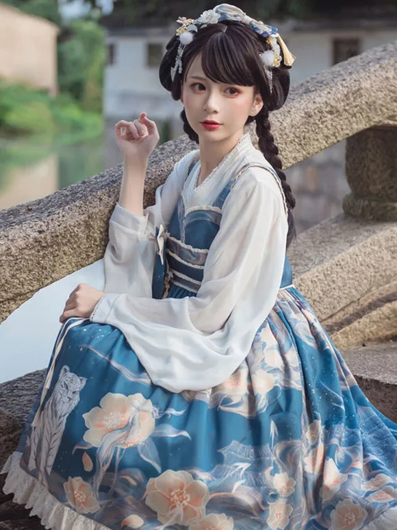 Chinese Style Lolita JSK Dress Blue Ruffles Floral Print Pattern Polyester Lace Lolita Outfit