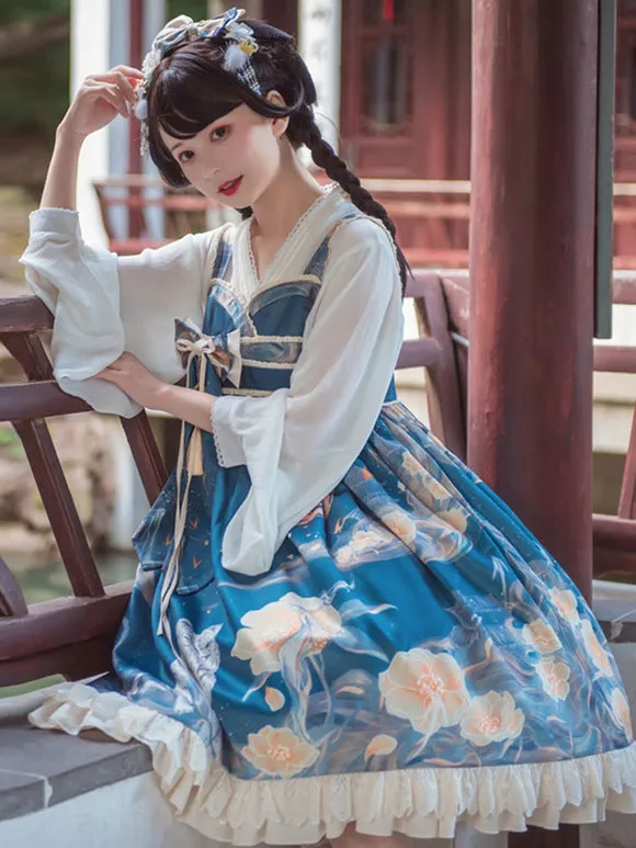 Chinese Style Lolita JSK Dress Blue Ruffles Floral Print Pattern Polyester Lace Lolita Outfit