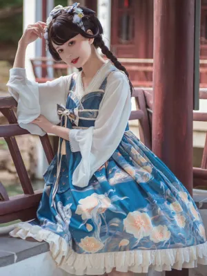 Chinese Style Lolita JSK Dress Blue Ruffles Floral Print Pattern Polyester Lace Lolita Outfit