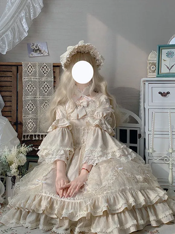 Classic Lolita OP Dress Light Apricot 3/4-Length Sleeve Pleated Lace Ruffles Tea Party Lolita One Piece Dress