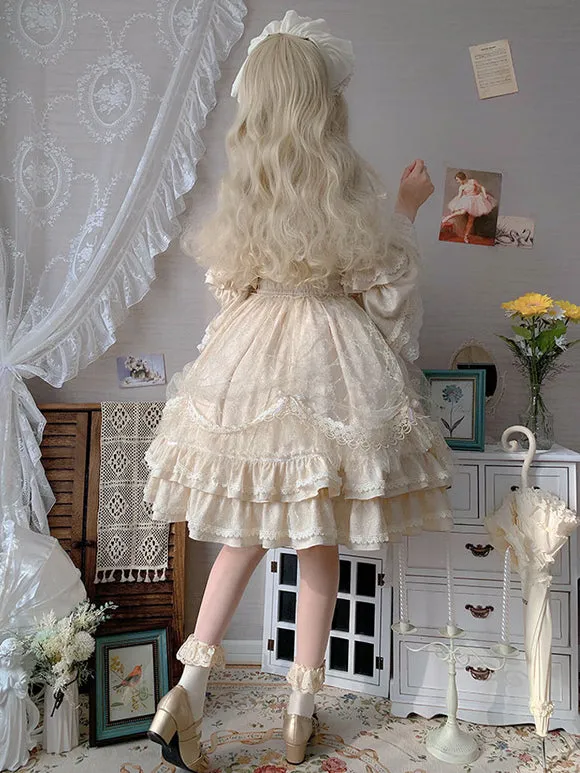 Classic Lolita OP Dress Light Apricot 3/4-Length Sleeve Pleated Lace Ruffles Tea Party Lolita One Piece Dress
