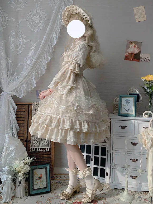Classic Lolita OP Dress Light Apricot 3/4-Length Sleeve Pleated Lace Ruffles Tea Party Lolita One Piece Dress