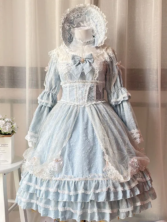 Classic Lolita OP Dress Light Apricot 3/4-Length Sleeve Pleated Lace Ruffles Tea Party Lolita One Piece Dress