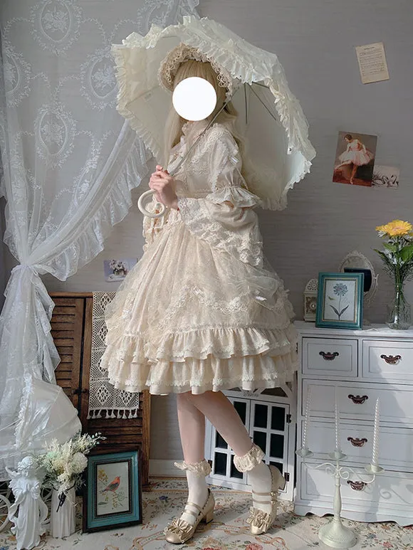 Classic Lolita OP Dress Light Apricot 3/4-Length Sleeve Pleated Lace Ruffles Tea Party Lolita One Piece Dress