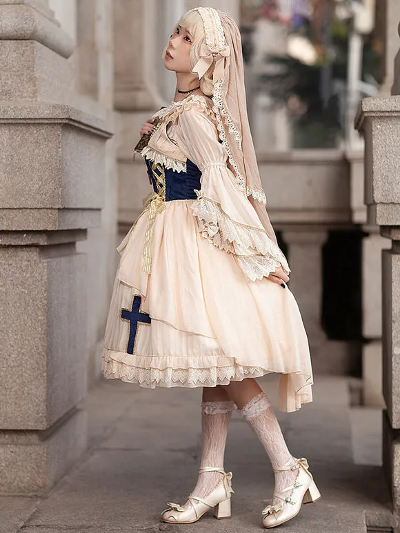 Classical Lolita Dress Chiffon Sleeveless Lolita Dresses Apricot