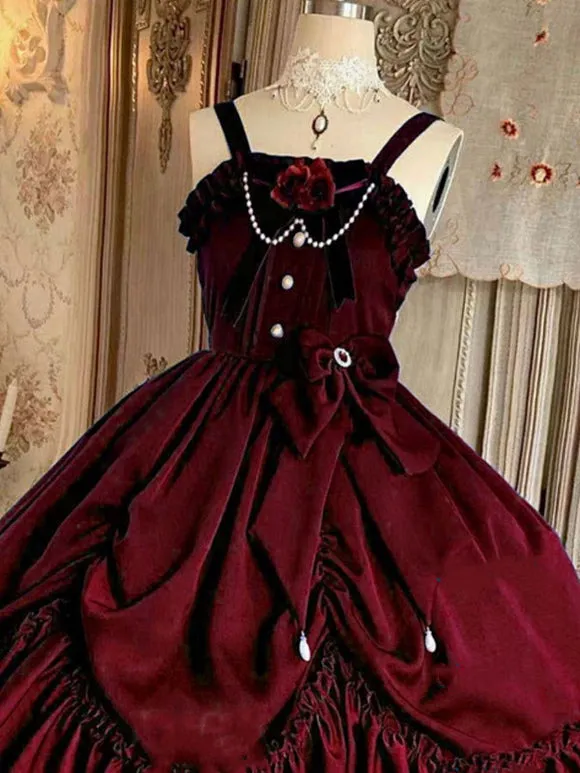 Classical Lolita JSK Dress Ink Green Ruffles Bows Sleeveless Polyester Lolita Jumper Skirt
