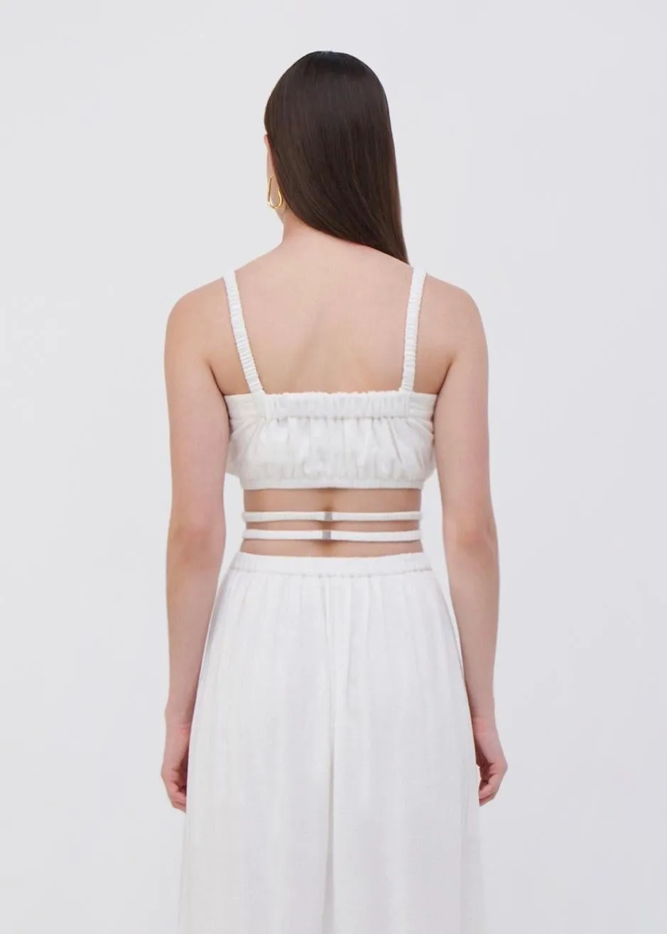 Clay Washed Linen Ruched Crop Top (White)